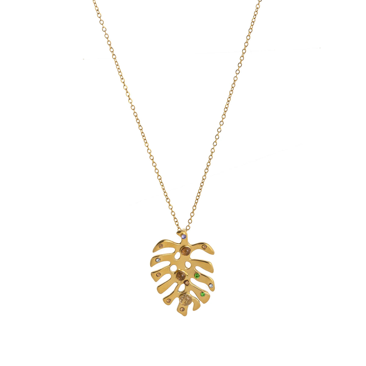 Tropiluxe – Gold Monstera Crystal Necklace