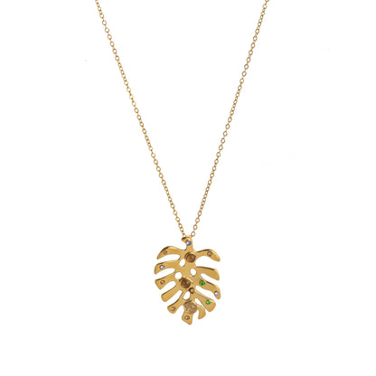 Tropiluxe – Gold Monstera Crystal Necklace