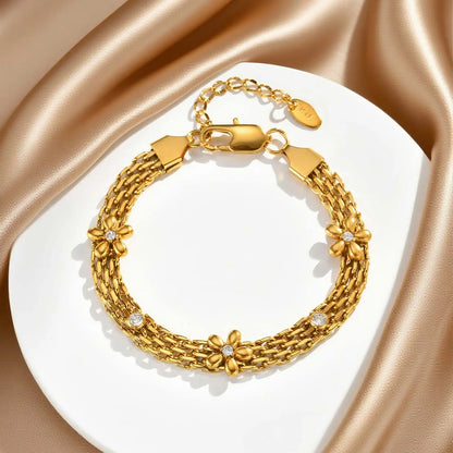 Lunaria Bloom – Gold Mesh Flower Zircon Bracelet