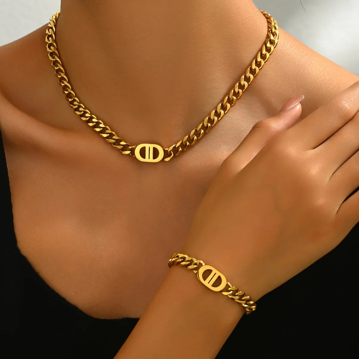 Aurielle Duo – Gold Cuban Chain Necklace & Bracelet Set